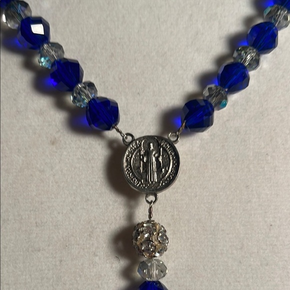 Blue and Silver Rosary Necklace with Cross Pendant - Picture 3 of 5